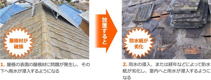 屋根材の破損、防水紙の劣化