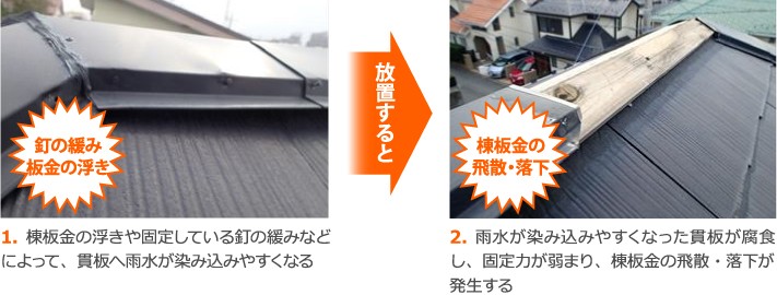 釘の緩み、板金の浮き、棟板金の飛散落下