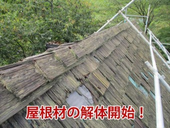 木の屋根材の解体開始