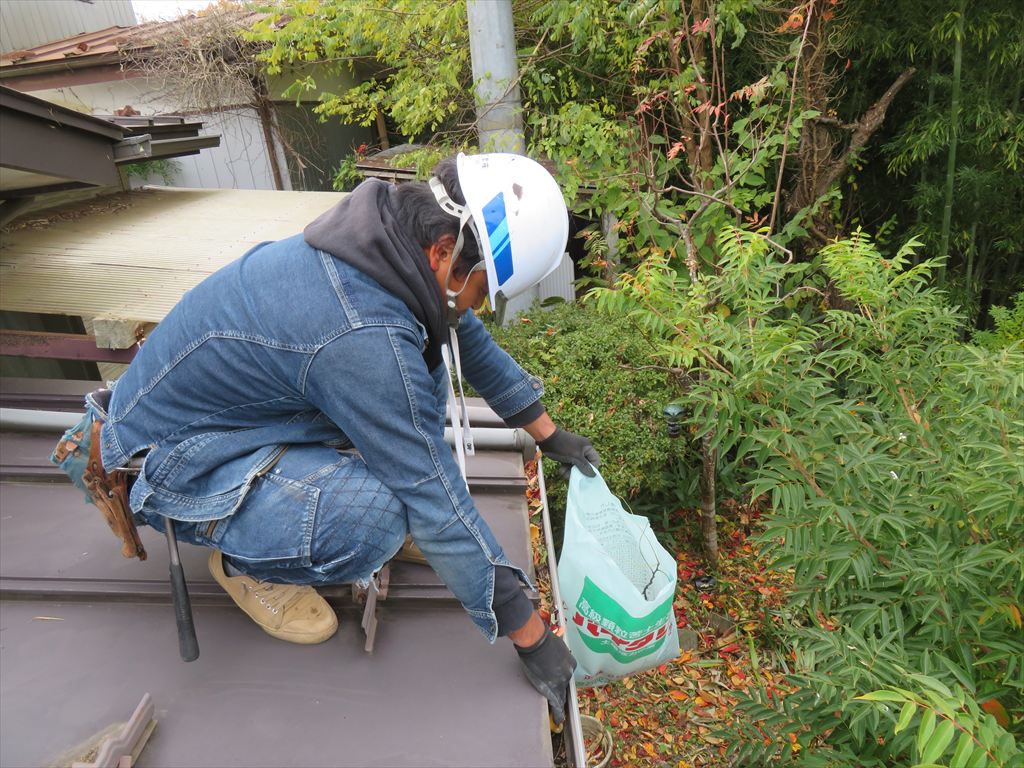 雨樋の落ち葉を袋へ回収し詰まりを解消
