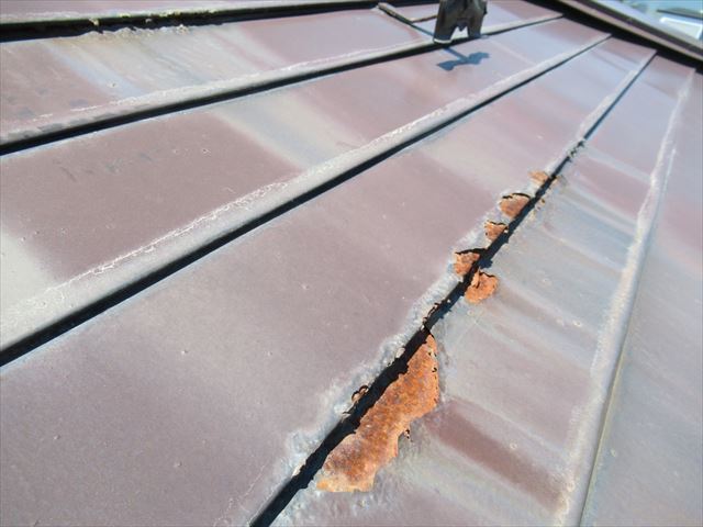 屋根材の塗膜が取れて錆びています。